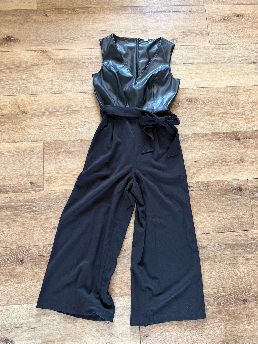 Calvin Klein Black Faux Leather Top Wide-Leg Jumpsuit with Tie Waist